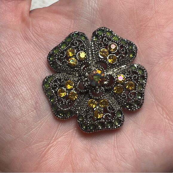 Vintage Sparkling AB Stone Green Enamel Yellow and Pink Silver Flower Brooch D3 - Picture 3 of 8